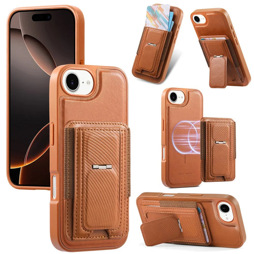 CASENEO For iPhone 17e / 16e Case with Foldable Kickstand TPU PU Leather PC Card Bag Magnetic Phone Cover  Compatible with MagSafe - Brown - 1