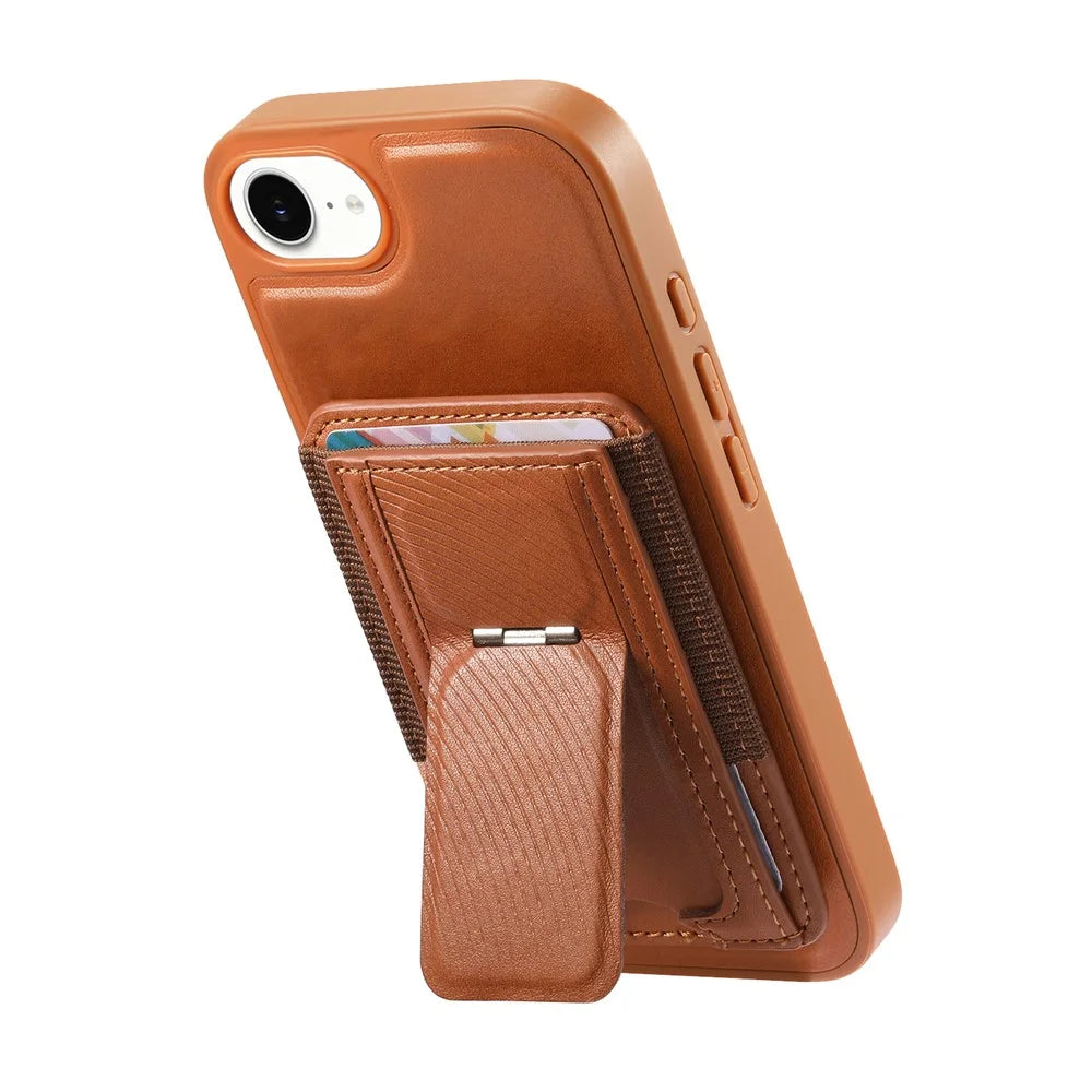 CASENEO For iPhone 17e / 16e Case with Foldable Kickstand TPU PU Leather PC Card Bag Magnetic Phone Cover  Compatible with MagSafe - Brown - 2