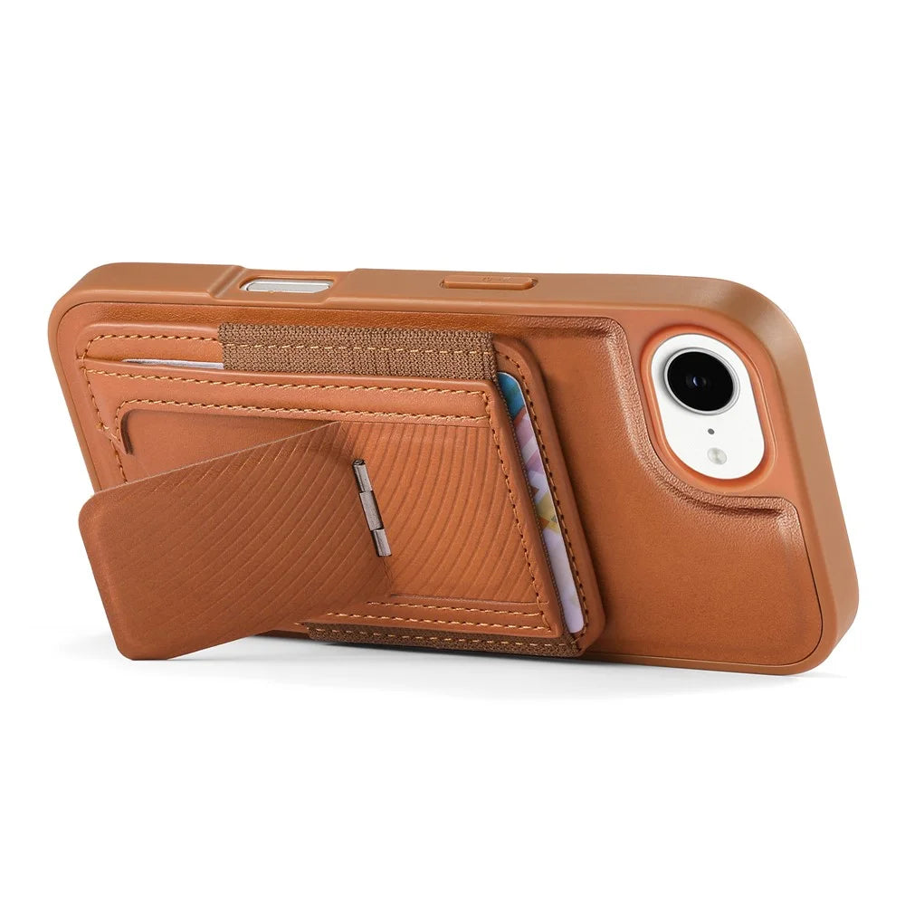 CASENEO For iPhone 17e / 16e Case with Foldable Kickstand TPU PU Leather PC Card Bag Magnetic Phone Cover  Compatible with MagSafe - Brown - 3
