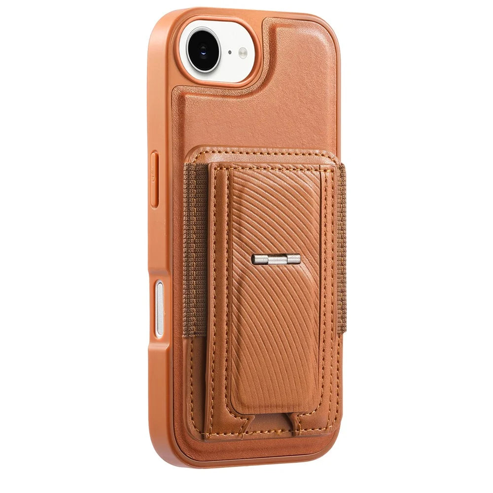 CASENEO For iPhone 17e / 16e Case with Foldable Kickstand TPU PU Leather PC Card Bag Magnetic Phone Cover  Compatible with MagSafe - Brown - 4