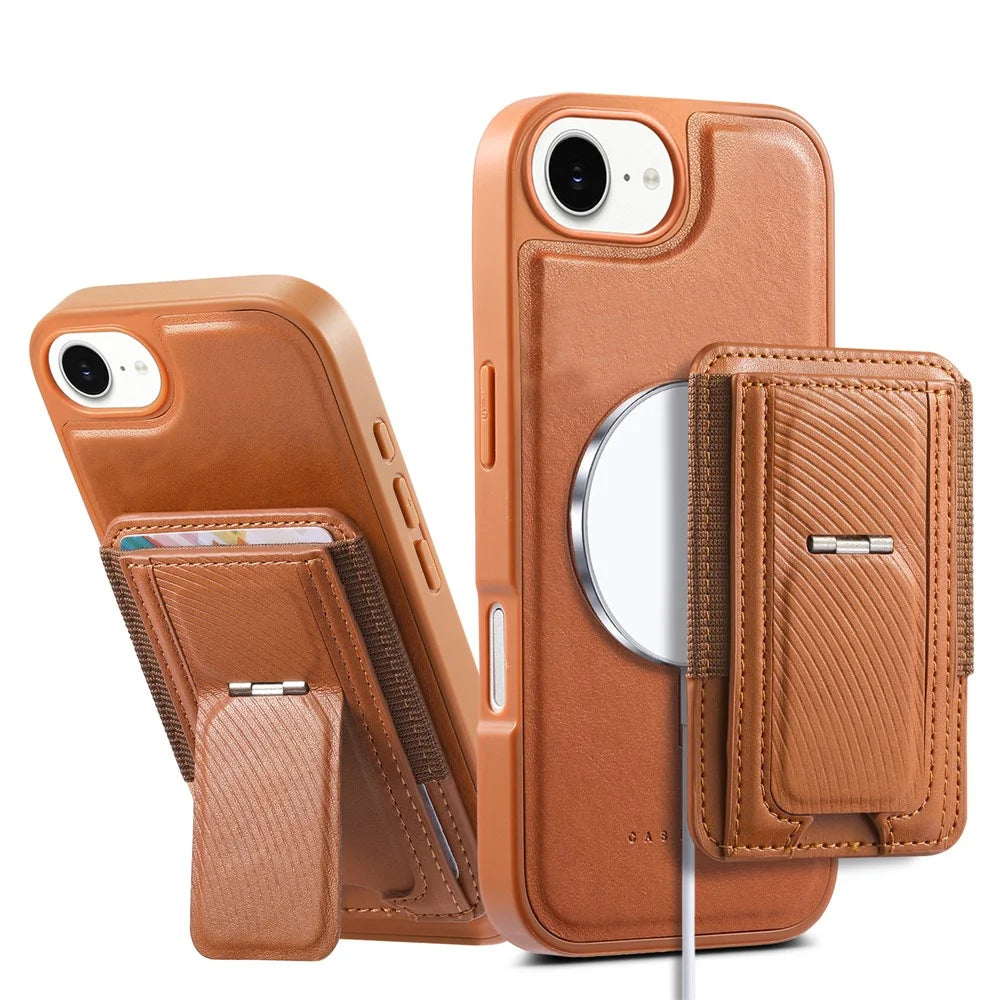CASENEO For iPhone 17e / 16e Case with Foldable Kickstand TPU PU Leather PC Card Bag Magnetic Phone Cover  Compatible with MagSafe - Brown - 5