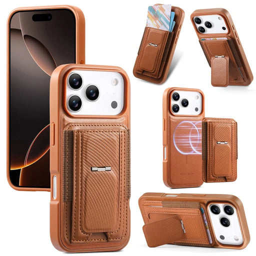 CASENEO For iPhone 18 Pro Max / 17 Pro Max Case with Foldable Kickstand TPU PU Leather PC Card Bag Magnetic Phone Cover  Compatible with MagSafe - Brown - 1