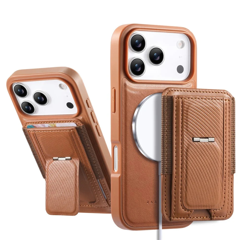 CASENEO For iPhone 18 Pro Max / 17 Pro Max Case with Foldable Kickstand TPU PU Leather PC Card Bag Magnetic Phone Cover  Compatible with MagSafe - Brown - 6