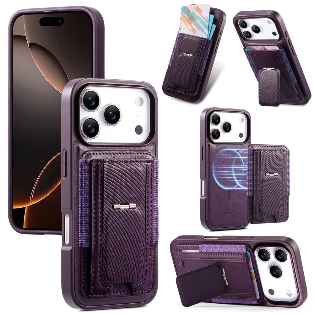 CASENEO For iPhone 18 Pro / 17 Pro Case with Foldable Kickstand TPU PU Leather PC Card Bag Magnetic Phone Cover  Compatible with MagSafe - Purple - 1