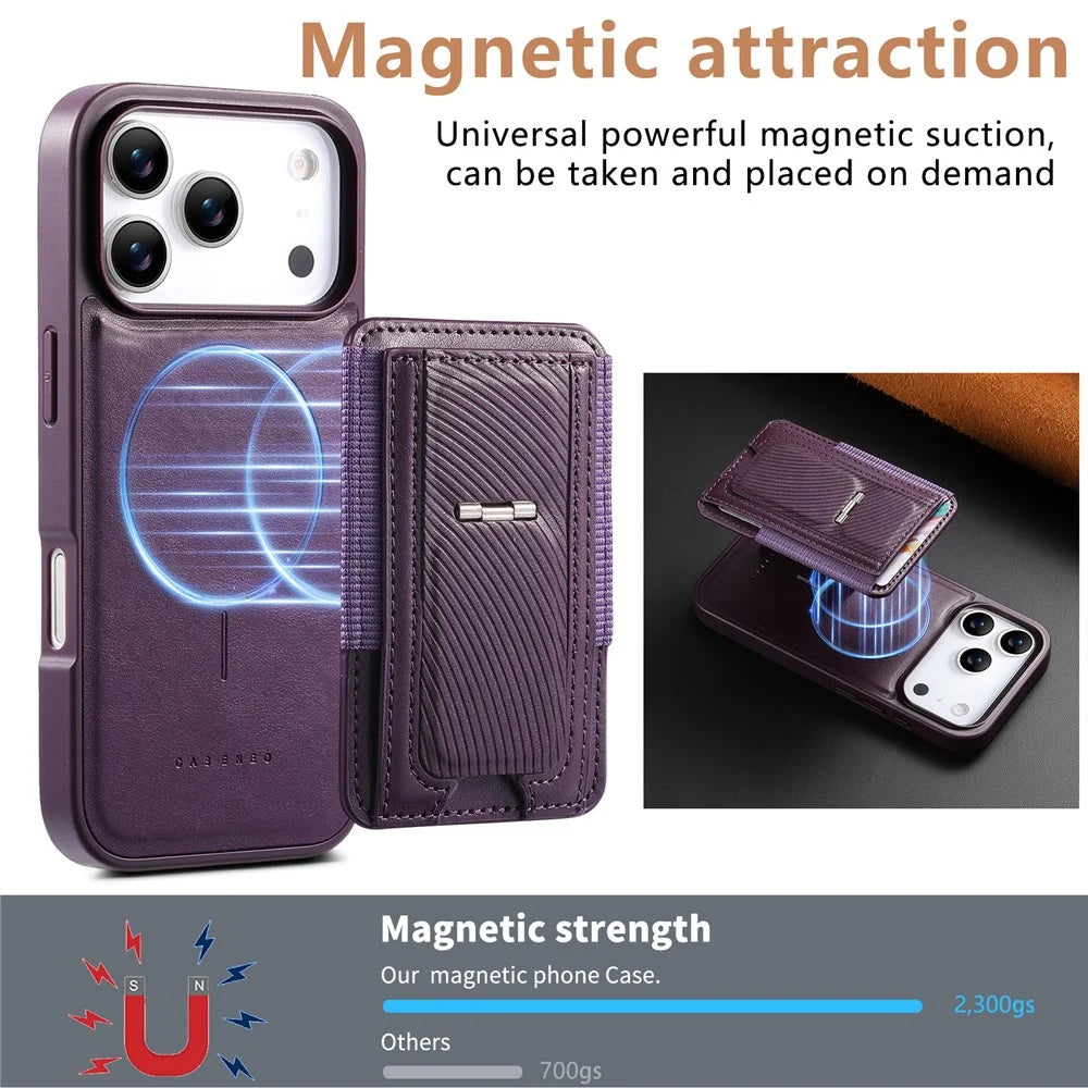 CASENEO For iPhone 18 Pro / 17 Pro Case with Foldable Kickstand TPU PU Leather PC Card Bag Magnetic Phone Cover  Compatible with MagSafe - Purple - 7