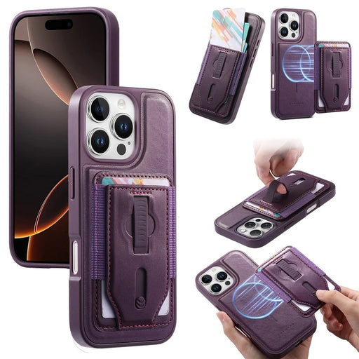 CASENEO For iPhone 16 Pro Max Magnetic Case with Detachable Card Slot TPU PU Leather Silicone Wristband PC Drop-proof Phone Cover Compatible with MagSafe - Purple - 1