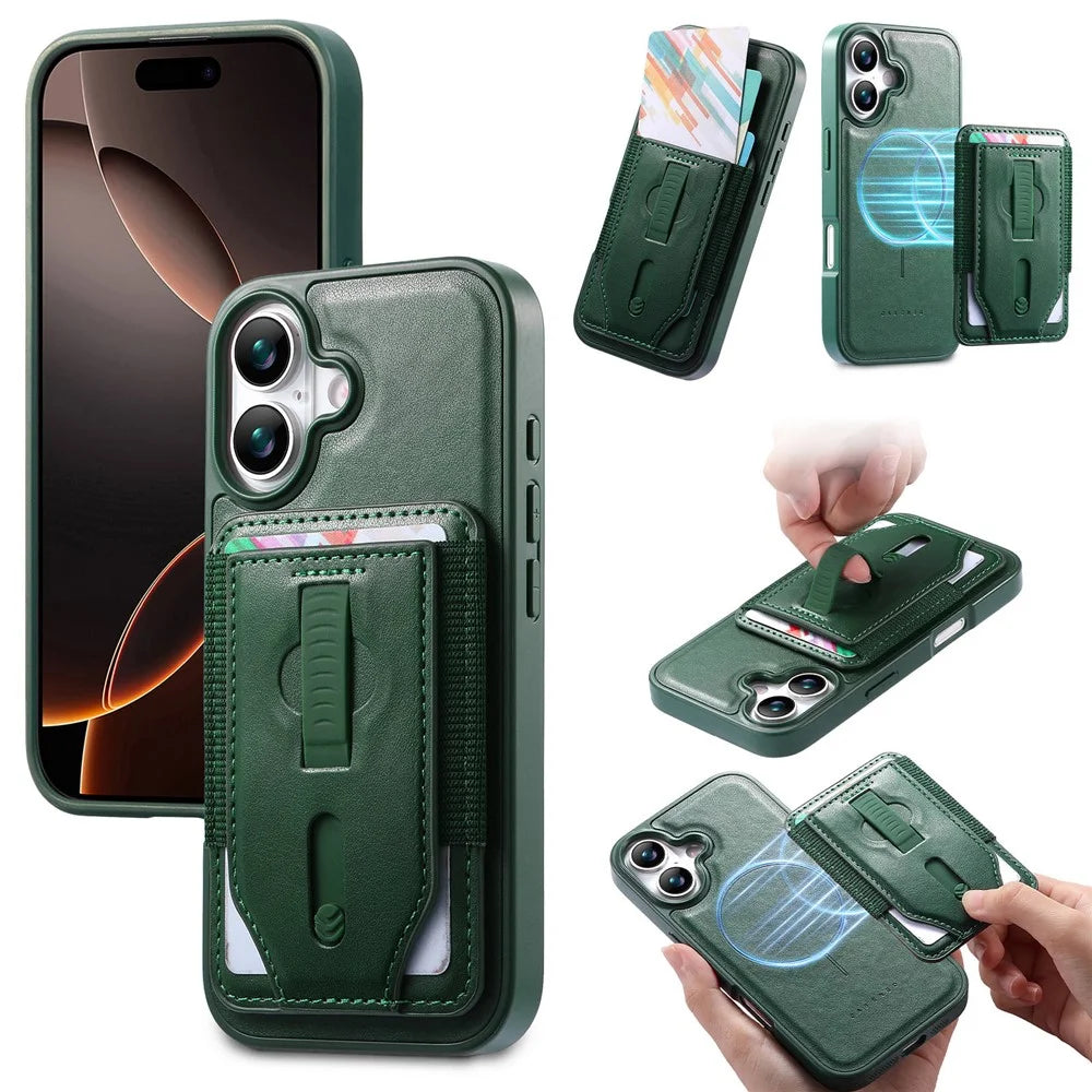 CASENEO For iPhone 17 Magnetic Case with Detachable Card Slot TPU PU Leather Silicone Wristband PC Drop-proof Phone Cover Compatible with MagSafe - Green - 1
