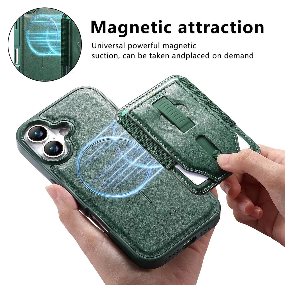 CASENEO For iPhone 17 Magnetic Case with Detachable Card Slot TPU PU Leather Silicone Wristband PC Drop-proof Phone Cover Compatible with MagSafe - Green - 4