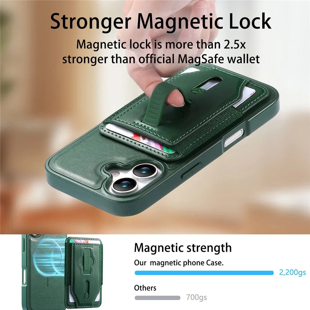 CASENEO For iPhone 17 Magnetic Case with Detachable Card Slot TPU PU Leather Silicone Wristband PC Drop-proof Phone Cover Compatible with MagSafe - Green - 5