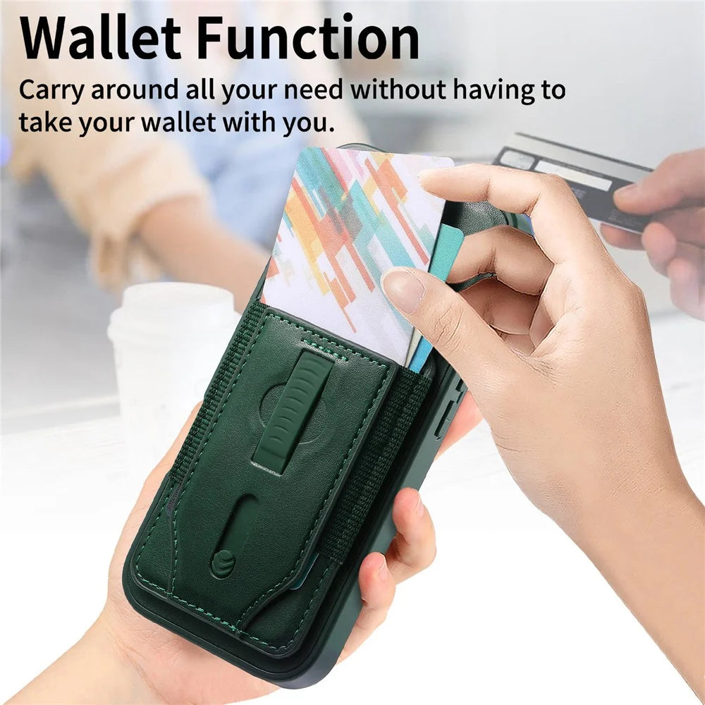 CASENEO For iPhone 17 Magnetic Case with Detachable Card Slot TPU PU Leather Silicone Wristband PC Drop-proof Phone Cover Compatible with MagSafe - Green - 6