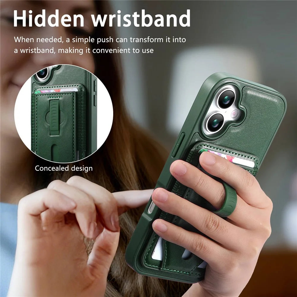 CASENEO For iPhone 17 Magnetic Case with Detachable Card Slot TPU PU Leather Silicone Wristband PC Drop-proof Phone Cover Compatible with MagSafe - Green - 7
