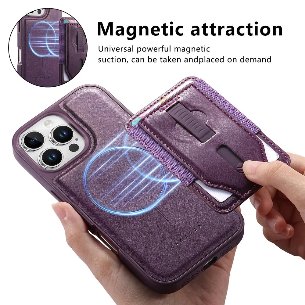 CASENEO For iPhone 16 Pro Magnetic Case with Detachable Card Slot TPU PU Leather Silicone Wristband PC Drop-proof Phone Cover Compatible with MagSafe - Purple - 4