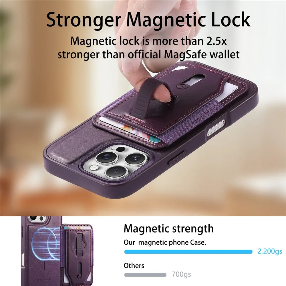 CASENEO For iPhone 16 Pro Magnetic Case with Detachable Card Slot TPU PU Leather Silicone Wristband PC Drop-proof Phone Cover Compatible with MagSafe - Purple - 5