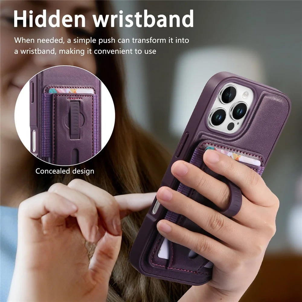 CASENEO For iPhone 16 Pro Magnetic Case with Detachable Card Slot TPU PU Leather Silicone Wristband PC Drop-proof Phone Cover Compatible with MagSafe - Purple - 7