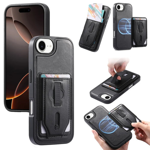 CASENEO For iPhone 17e / 16e Magnetic Case with Detachable Card Slot TPU PU Leather Silicone Wristband PC Drop-proof Phone Cover Compatible with MagSafe - Black - 1