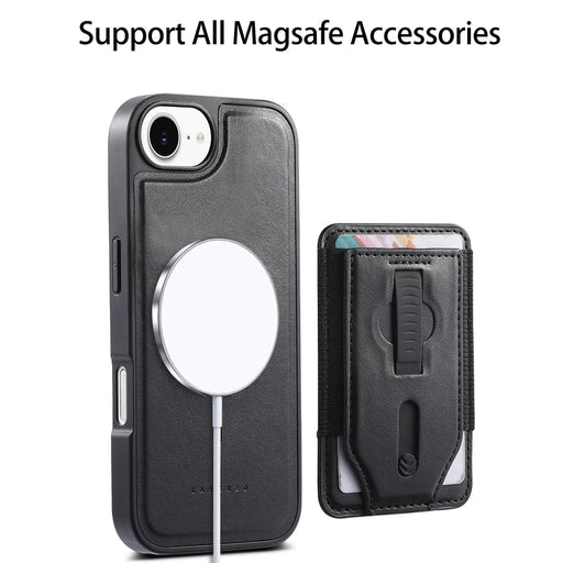 CASENEO For iPhone 17e / 16e Magnetic Case with Detachable Card Slot TPU PU Leather Silicone Wristband PC Drop-proof Phone Cover Compatible with MagSafe - Black - 2