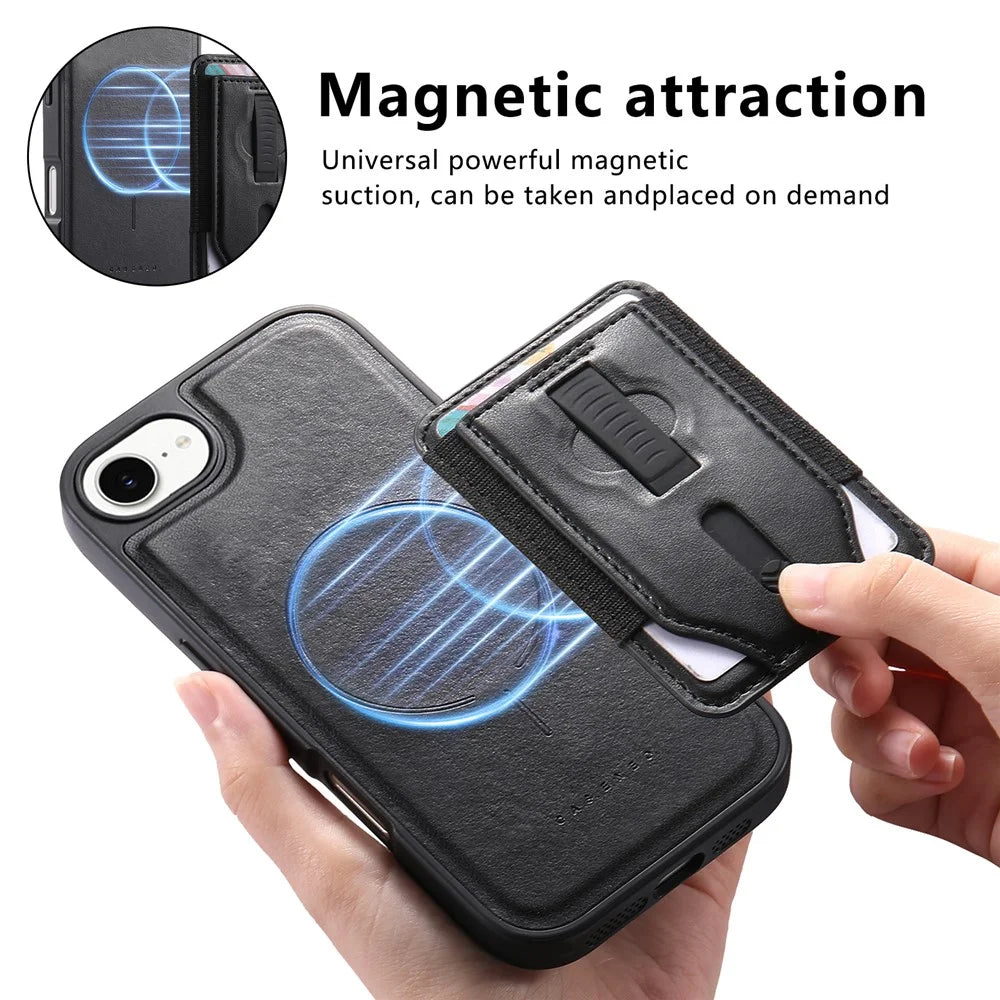 CASENEO For iPhone 17e / 16e Magnetic Case with Detachable Card Slot TPU PU Leather Silicone Wristband PC Drop-proof Phone Cover Compatible with MagSafe - Black - 4