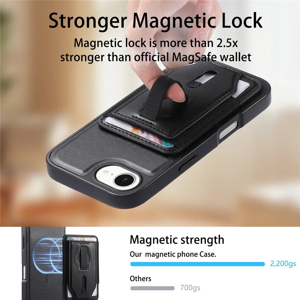 CASENEO For iPhone 17e / 16e Magnetic Case with Detachable Card Slot TPU PU Leather Silicone Wristband PC Drop-proof Phone Cover Compatible with MagSafe - Black - 5