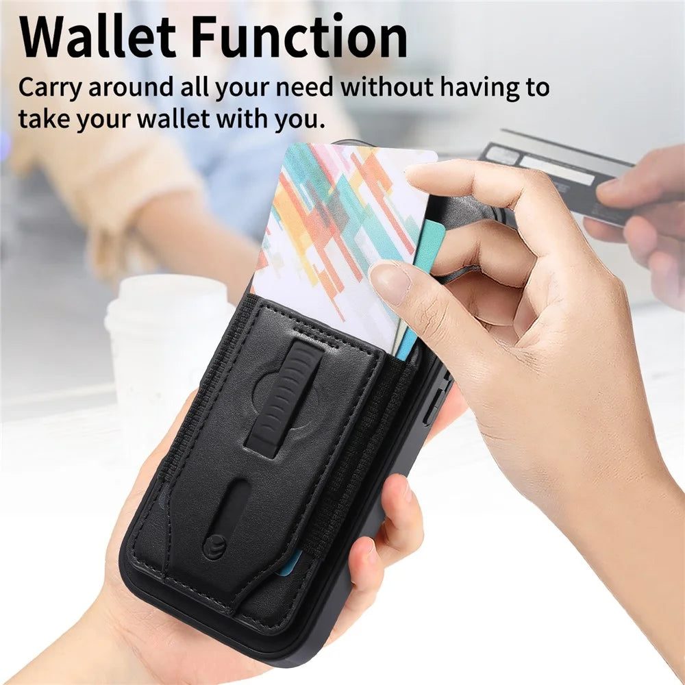 CASENEO For iPhone 17e / 16e Magnetic Case with Detachable Card Slot TPU PU Leather Silicone Wristband PC Drop-proof Phone Cover Compatible with MagSafe - Black - 6