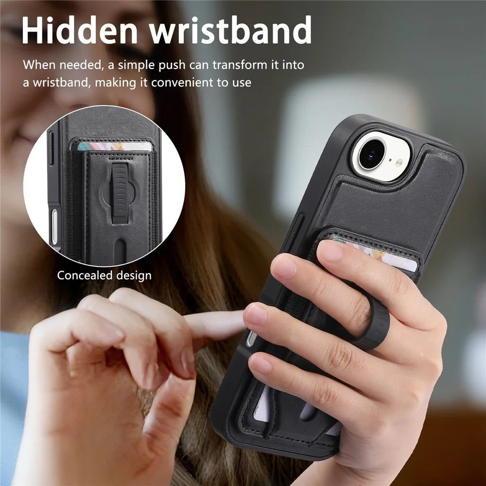 CASENEO For iPhone 17e / 16e Magnetic Case with Detachable Card Slot TPU PU Leather Silicone Wristband PC Drop-proof Phone Cover Compatible with MagSafe - Black - 7