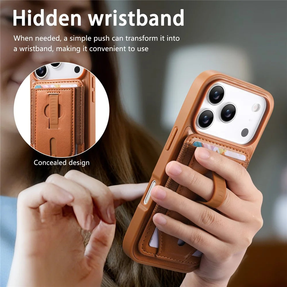 CASENEO For iPhone 17 Pro Max Magnetic Case with Detachable Card Slot TPU PU Leather Silicone Wristband PC Drop-proof Phone Cover Compatible with MagSafe - Brown - 7