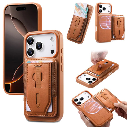 CASENEO For iPhone 17 Pro Magnetic Case with Detachable Card Slot TPU PU Leather Silicone Wristband PC Drop-proof Phone Cover Compatible with MagSafe - Brown - 1