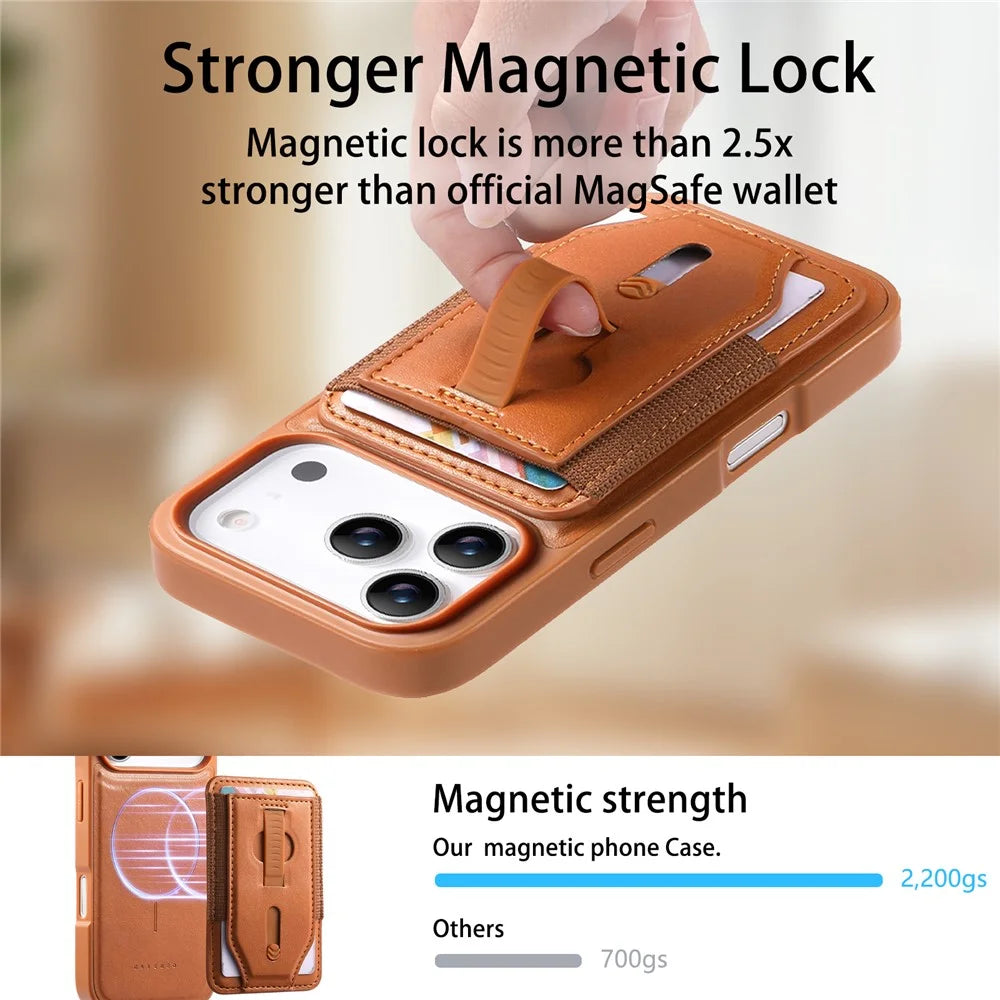 CASENEO For iPhone 17 Pro Magnetic Case with Detachable Card Slot TPU PU Leather Silicone Wristband PC Drop-proof Phone Cover Compatible with MagSafe - Brown - 5