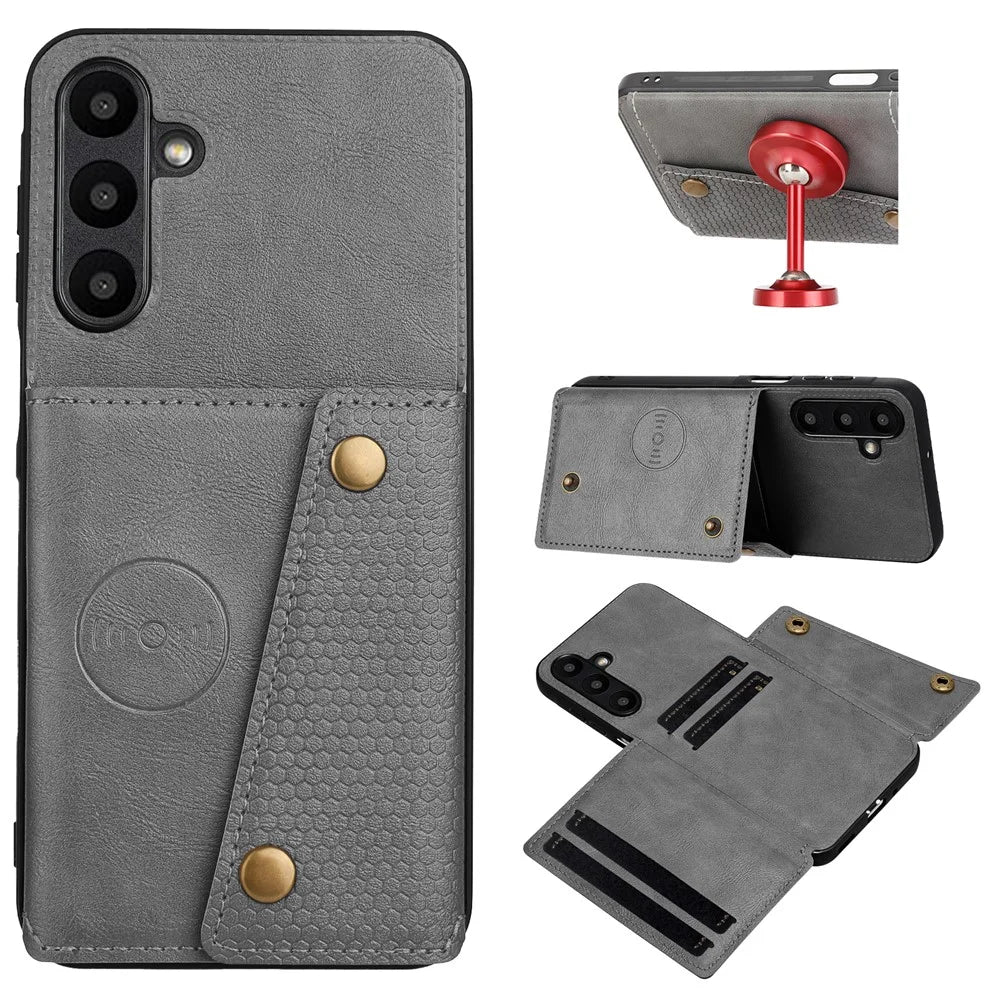 For Samsung Galaxy A57 5G Case with Card Slots Kickstand Leather + TPU Phone Cover - Grey - 1