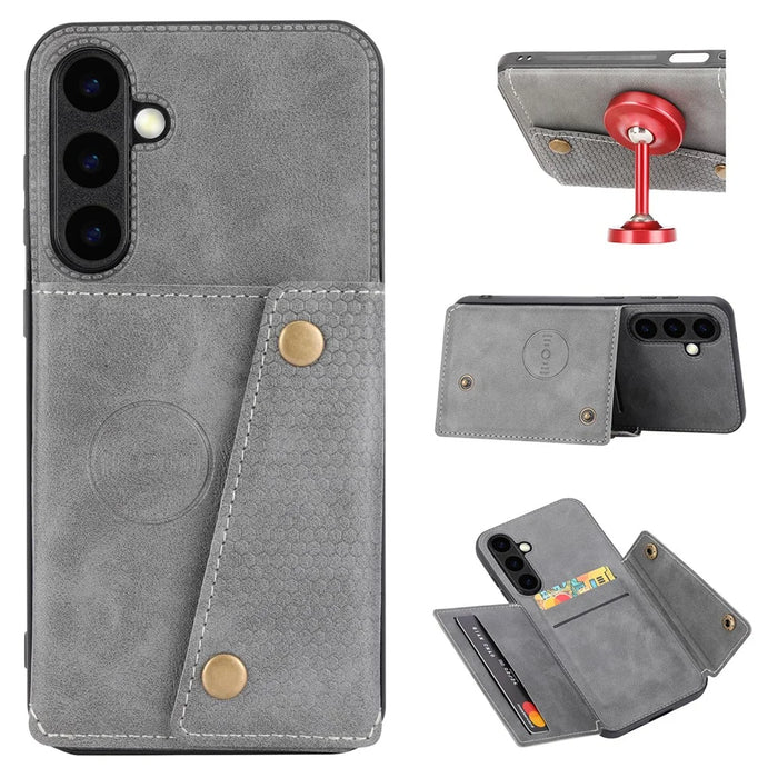For Samsung Galaxy S26+ Case with Card Slots Kickstand Leather + TPU Phone Cover - Grey - 1
