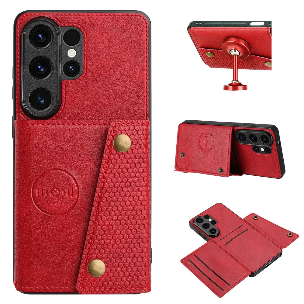 For Samsung Galaxy S26 Ultra Case with Card Slots Kickstand Leather + TPU Phone Cover - Red - 1