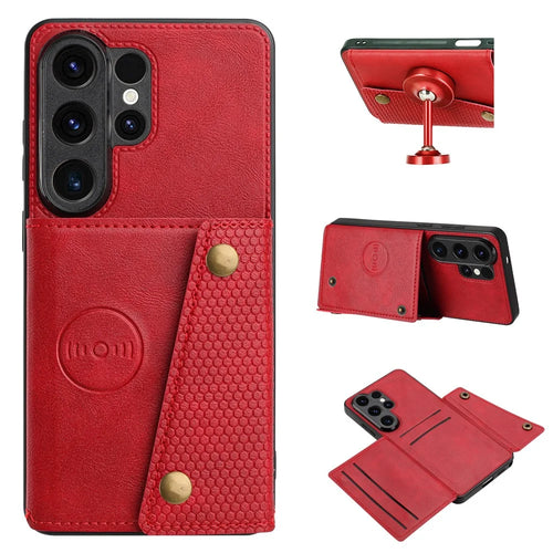 For Samsung Galaxy S26 Ultra Case with Card Slots Kickstand Leather + TPU Phone Cover - Red - 1