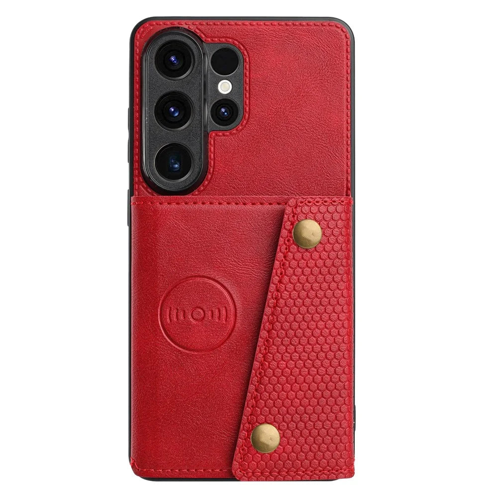 For Samsung Galaxy S26 Ultra Case with Card Slots Kickstand Leather + TPU Phone Cover - Red - 2