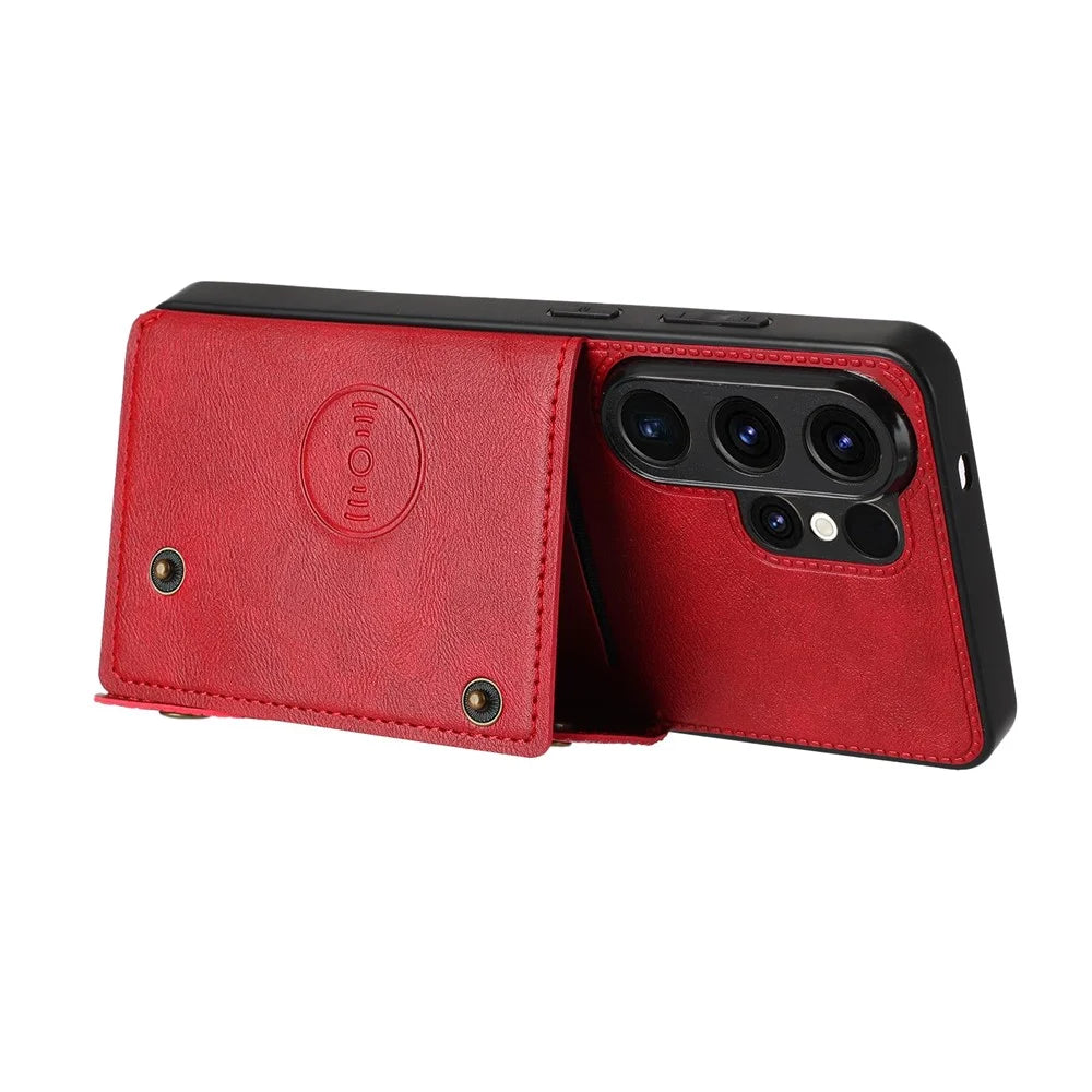 For Samsung Galaxy S26 Ultra Case with Card Slots Kickstand Leather + TPU Phone Cover - Red - 3