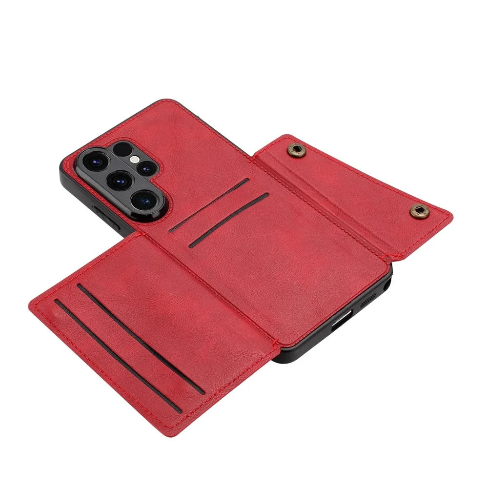 For Samsung Galaxy S26 Ultra Case with Card Slots Kickstand Leather + TPU Phone Cover - Red - 4