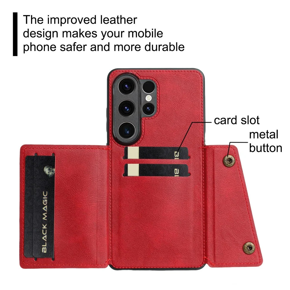 For Samsung Galaxy S26 Ultra Case with Card Slots Kickstand Leather + TPU Phone Cover - Red - 6
