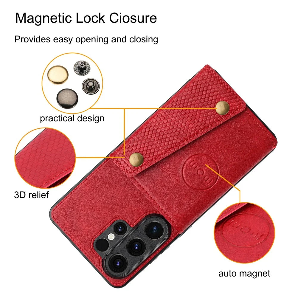 For Samsung Galaxy S26 Ultra Case with Card Slots Kickstand Leather + TPU Phone Cover - Red - 7