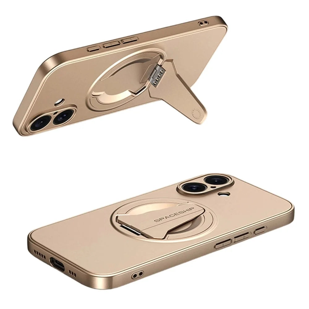 For iPhone 17 Magnetic Case Foldable Kickstand PC TPU Phone Cover Compatible with MagSafe - Desert Gold - 1