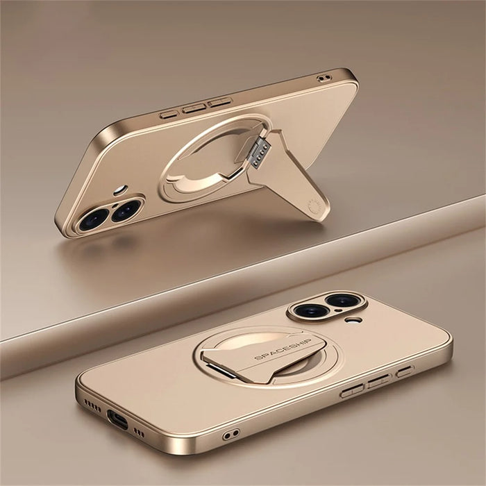 For iPhone 17 Magnetic Case Foldable Kickstand PC TPU Phone Cover Compatible with MagSafe - Desert Gold - 2