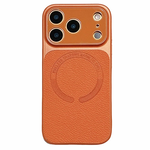 For iPhone 17 Pro Max Magnetic Back Cover Precise Cutouts Textured PU Leather Coated TPU + PC Protective Phone Case Compatible with MagSafe - Orange - 1