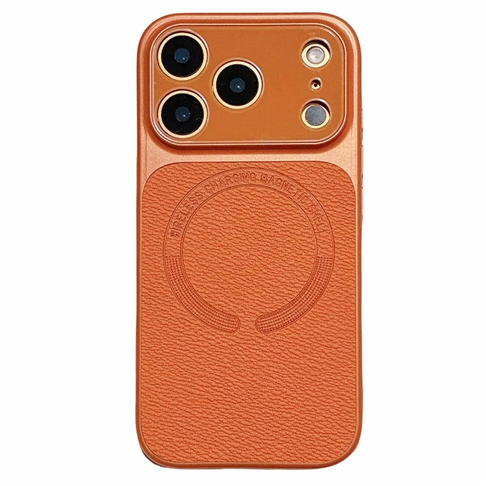 For iPhone 17 Pro Max Magnetic Back Cover Precise Cutouts Textured PU Leather Coated TPU + PC Protective Phone Case Compatible with MagSafe - Orange - 1