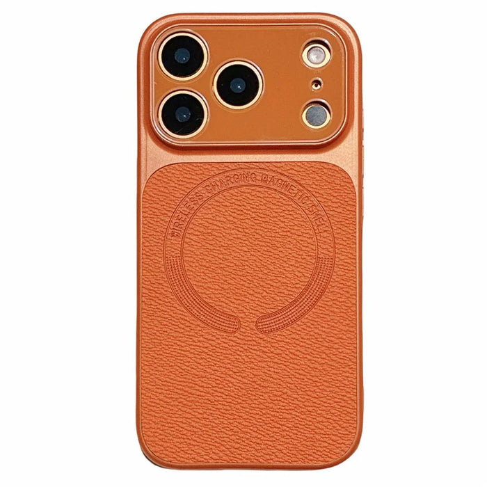 For iPhone 17 Pro Max Magnetic Back Cover Precise Cutouts Textured PU Leather Coated TPU + PC Protective Phone Case Compatible with MagSafe - Orange - 1