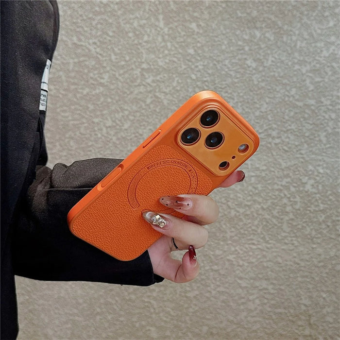 For iPhone 17 Pro Max Magnetic Back Cover Precise Cutouts Textured PU Leather Coated TPU + PC Protective Phone Case Compatible with MagSafe - Orange - 2