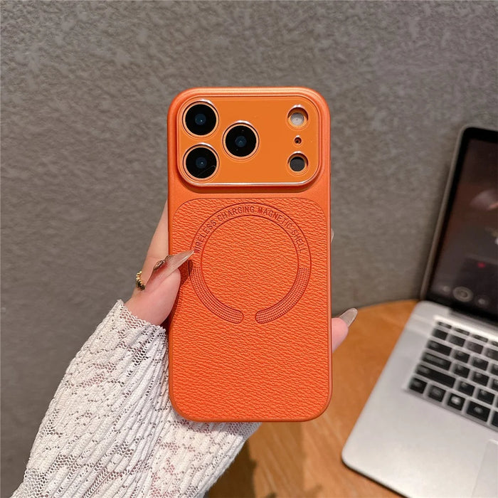 For iPhone 17 Pro Max Magnetic Back Cover Precise Cutouts Textured PU Leather Coated TPU + PC Protective Phone Case Compatible with MagSafe - Orange - 3