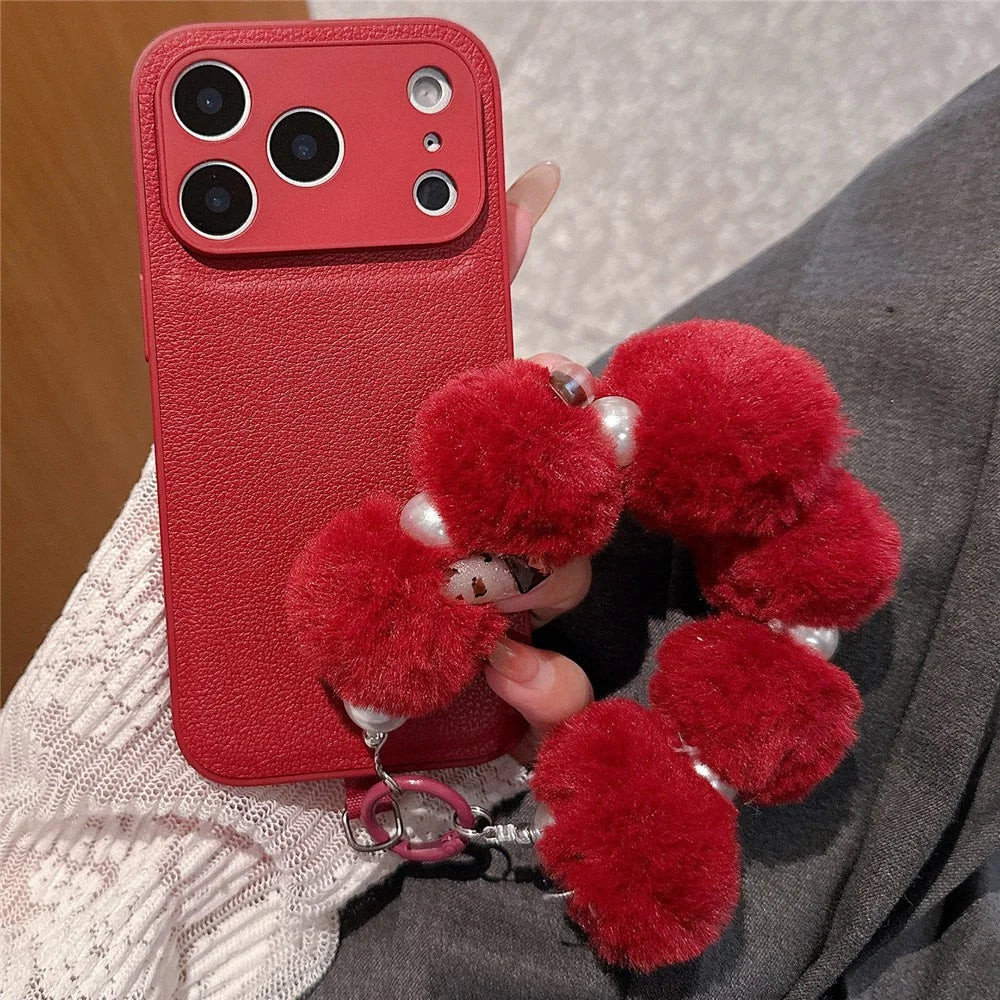 For iPhone 17 Pro Max Case TPU PU Leather PC Anti-drop Phone Back Cover with Wrist Strap - Red Plush Circle - 1