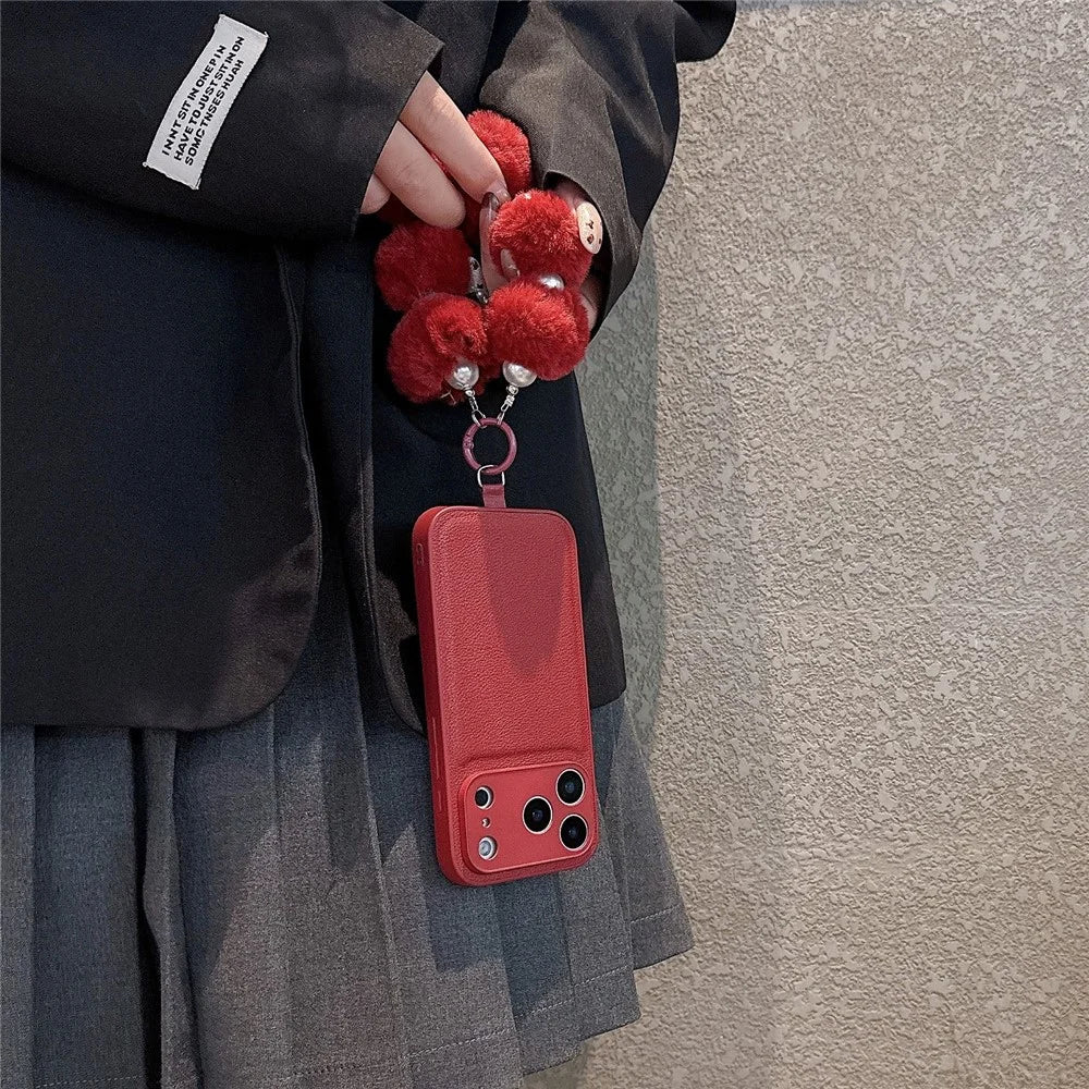 For iPhone 17 Pro Max Case TPU PU Leather PC Anti-drop Phone Back Cover with Wrist Strap - Red Plush Circle - 2