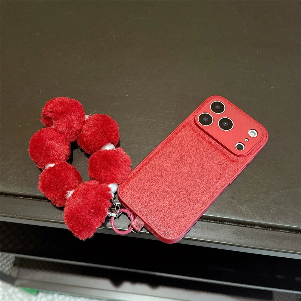 For iPhone 17 Pro Max Case TPU PU Leather PC Anti-drop Phone Back Cover with Wrist Strap - Red Plush Circle - 3