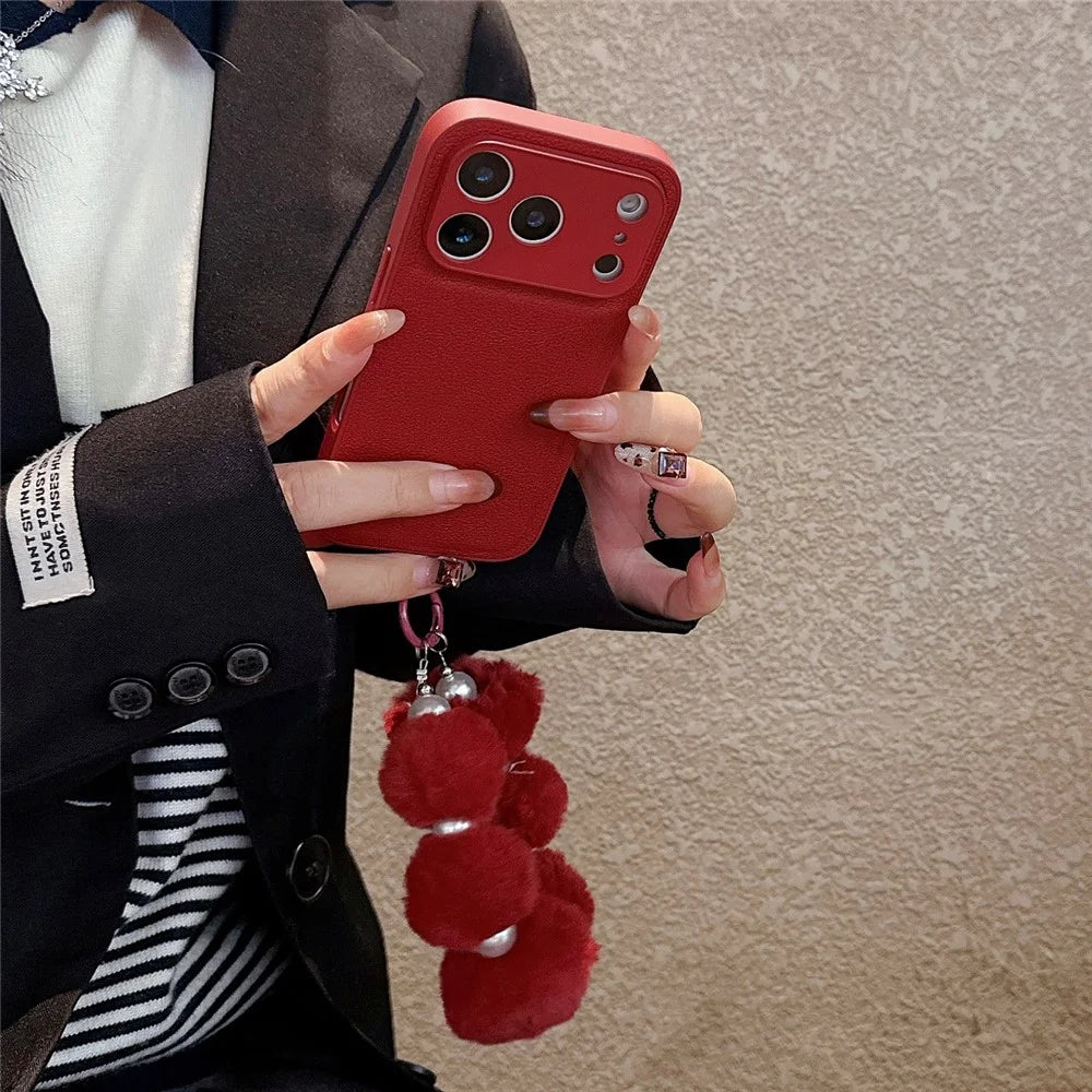For iPhone 17 Pro Max Case TPU PU Leather PC Anti-drop Phone Back Cover with Wrist Strap - Red Plush Circle - 4