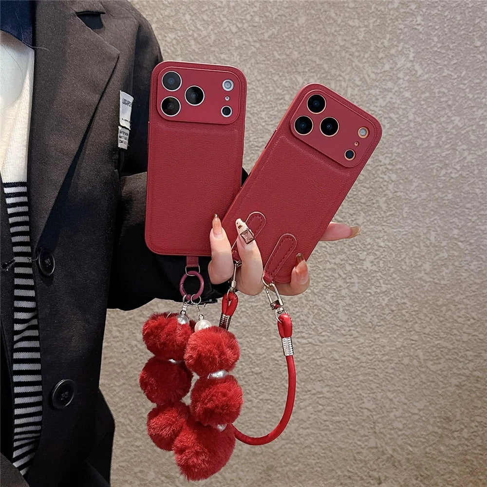 For iPhone 17 Pro Max Case TPU PU Leather PC Anti-drop Phone Back Cover with Wrist Strap - Red Plush Circle - 5