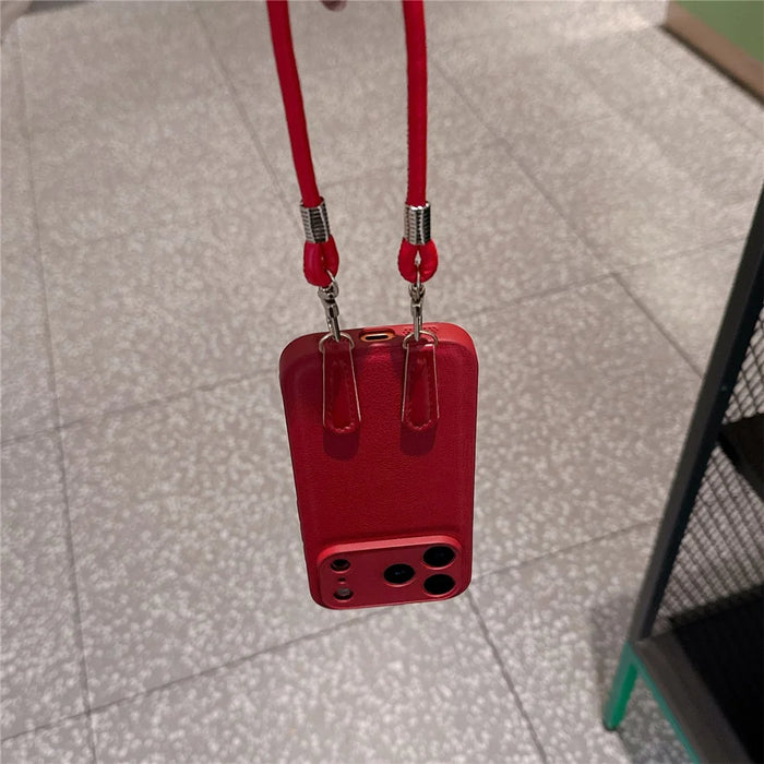 For iPhone 17 Pro Case TPU PU Leather PC Anti-drop Phone Back Cover with Wrist Strap - Red Leather Strip - 4