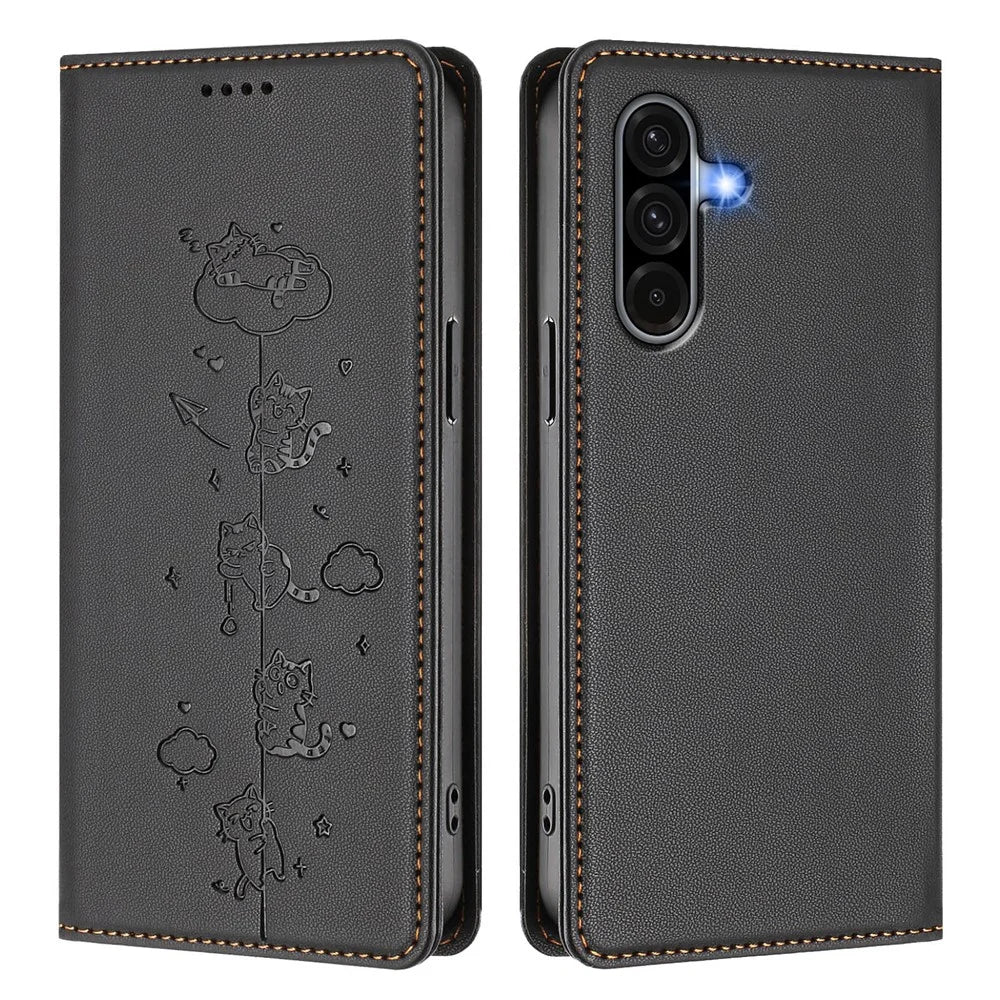 For Samsung Galaxy A37 5G / A56 5G / A36 5G Case RFID Blocking Wallet Stand Imprinted Cat Pattern Leather Phone Cover - Black - 1